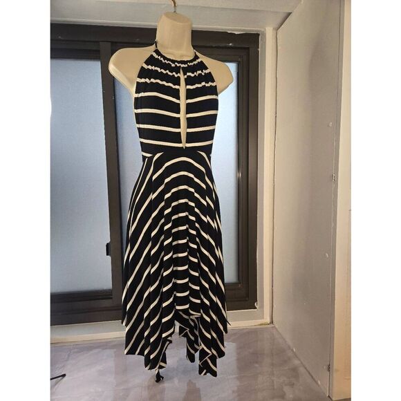 Olivaceous Womens Size Medium Black/White Striped Asymmetrical Halter Dress - Picture 2 of 6